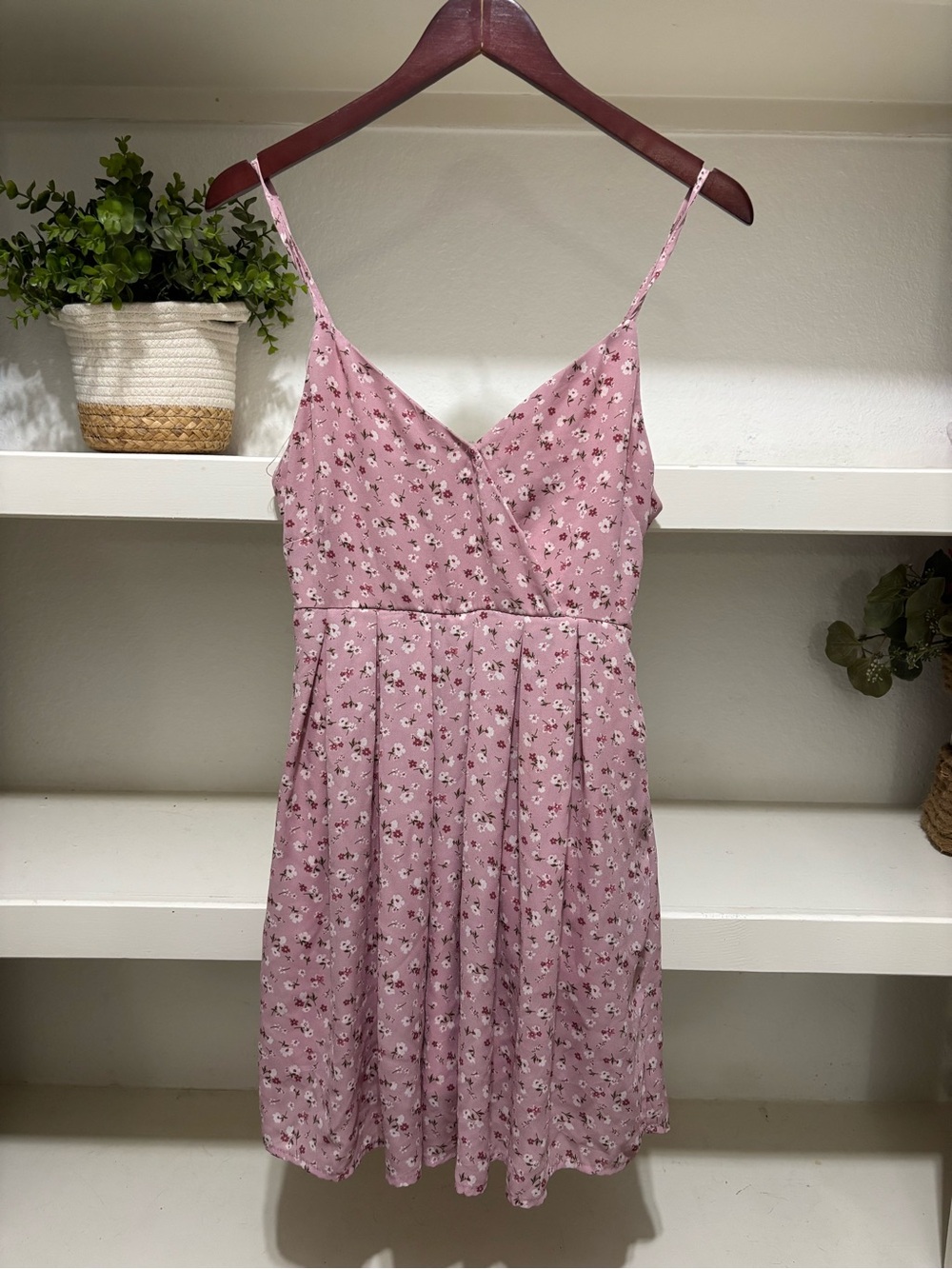 Floral Spaghetti-Strap Mini Dress in Dusty Rose